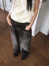 [3WAY] Ziver Snap Button Black and Blue Washed Wide Denim Pants