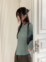 Eloui Pleats Unbalanced Slit Long-Sleeved T-shirt
