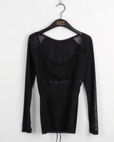 Pchiron see-through ribbon strap long-sleeve blouse