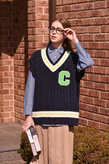 ライトグリーンCパッチvネックニットベストユニセックス / Light Green C Patch V-neck Navy Knitwear Vest