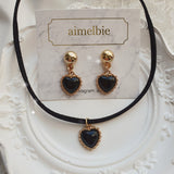 ブラックハートピアスアンドチョーカーネックレスセット / Black Heart Piercing and Choker Necklace Set