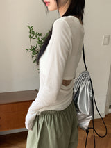 オープンバックシースルースリムVネックロングスリーブTシャツ