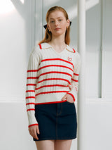 V NECK COLLAR STRIPE KINT RED