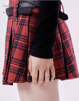 Tartan Check Dual Belted Pleated Mini Skirt Check Red