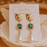 メルビーザキャットシリーズ - エメラルドスクエアアンドパールピアス / Melbie The Cat Series - Emerald Square and Pearls Piercing