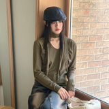 [Scarp Set] Purden V-neck Side Shirring Cropped Long-Sleeved T-shirt