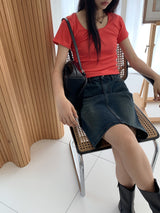 Dear Basic Ribbed Square Neck Short Sleeve T-shirt