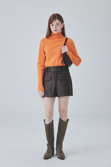 ビーガンレザースティッチミニスカート / Vegan Leather Stitch Mini Skirt [Brown]
