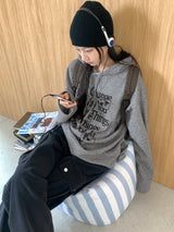 チェンジリブドプリントボクシーフードスウェットシャツ