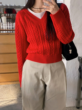 WT Cable V-neck Crop Knit (6color)