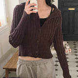 【MADE】ペストリブ衿ボタンニットクロップ長袖カーディガン