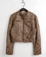 Ant no collar biker washing cropped leather jacket