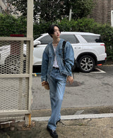 カラーレスブーツカットデニムパンツ/Collarless bootcut denim