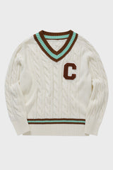 ブラウンCワッペン ミントラインVネックニット・アイボリー［ユニセックス］/ Brown C Patch Mint Line Ivory Unisex V-Neck 