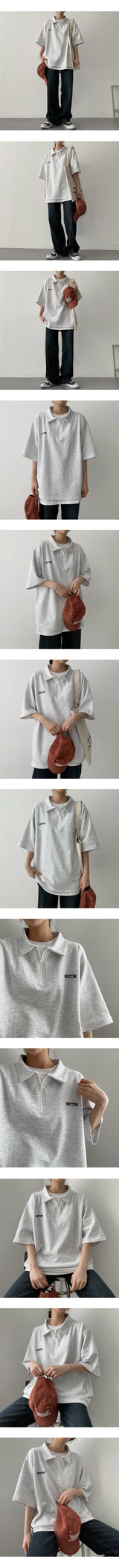 バター刺繍セミジップアップショートスリーブTシャツ / Butter embroidery semi zip-up short-sleeved T-shirt