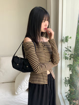 イクストライプボタンスリットオフショルダー長袖Tシャツ