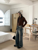 Tuma damage snap button collar knit cardigan