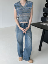 カラーマッチングカットブラッシュデニムパンツ/no.1792 color matching cat brush denim pants