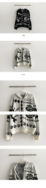 Porcelain Pattern Knitwear Hooded Zip-Up Cardigan