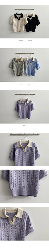 カラーリングカラーツイストクロップドショートスリーブニットウェア / colouring collar twist cropped short-sleeved knitwear