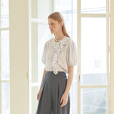[LINE] Unbalanced Shirring Frill Blouse (Sky Blue) (6696317091958)