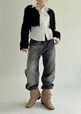 ノーボタンファークロップカーディガン/Nor Button Fur Crop Cardigan (3color)