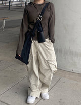 バイオウォッシングコットンワイドクリームカーゴパンツ / Bio-washing Cotton Wide Cream Cargo Pants