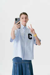 Cパッチユニセックス半袖オクスフォードシャツ / C Patch Short-Sleeved Unisex Sky blue Oxford Shirt