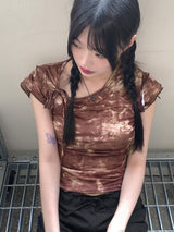 ピコットタイダイプリントリボンストリング半袖Tシャツ / Picot Tie Die Printed Ribbon String Short-Sleeved T-Shirt
