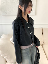 [MADE] Lawson wide collar slim crop crack leather leather jacket