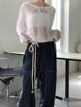 デューパーステッチカラーマッチングロープベルトロングワイドデニムパンツ / Duper stitch color matching rope belt long wide denim pants