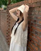 シースルー刺繍レイヤードスリーブレスベストカーディガン/Fshi See-Through Embroidered Layered Sleeveless Vest Cardigan
