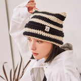 Square Label Stripe Crochet Beanie / Black