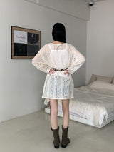 イービーボヘミアンパンチングレースミニワンピース / [Belt Set] Eevee Bohemian Punching Lace Mini Dress