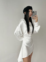 Silky shirring uncut shirt dress