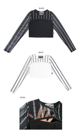 ライン ブラックホール メッシュ クロップ Tシャツ / TOP(9369) Line Black Hole Mesh Crop Tee
