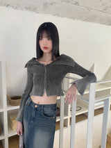 Elfu Gradient Two-Tone Off-Shoulder V-Neck Two-Way Long-Sleeved Knitwear Zip-Up