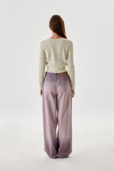 SMALL CHERRY V-NECK CABLE CROP KNIT [OATMEAL]
