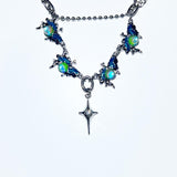 Green clear crystal layered necklace
