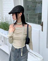 [Scape set] Kenin Shirring Pleated Off-Shoulder Crop Long-Sleeved T-shirt
