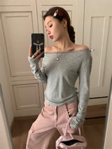 レースオフショルダー長袖Tシャツ