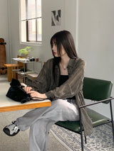 Hilchi See-Through Check Boxy Oversize Fit Long-Sleeved Shirt