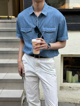 セミオーバーボタンハーフデニムシャツ  / LMN Semi-Over Button Half Denim Shirt (2 colors)