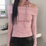 Roan fleece strap slit off-shoulder long-sleeved T-shirt