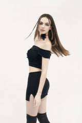 フラップメッシュリボントップ / [Seow] Flap mesh ribbon top, black