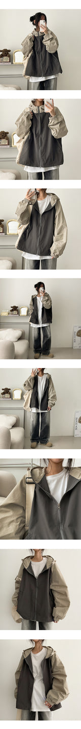 Pingdi Raglan Coloring High-Neck Hooded Windbreaker Two-Way Jumper