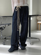 デューパーステッチカラーマッチングロープベルトロングワイドデニムパンツ / Duper stitch color matching rope belt long wide denim pants