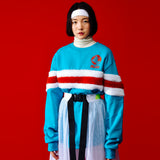 [UNISEX] Faux-shearling Striped-Trim Pullover (Blue) (6656033620086)
