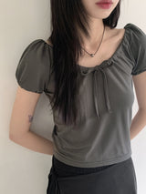 ケリーリボンシャーリングメッシュエアーパフクロップド半袖Tシャツ