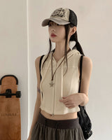 ワズスリムフィットワッフルツーウェイノースリーブベストクロップドフーディージップアップ / Waz Slim Fit Waffle Two-Way Sleeveless Vest Cropped Hoodie Zip-Up